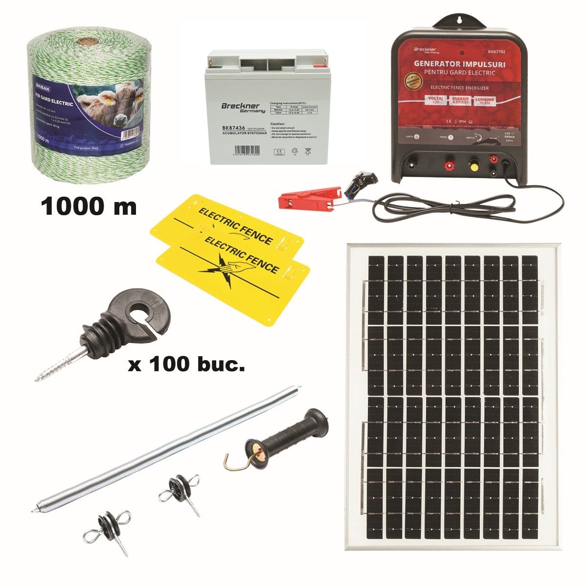 Kit complet gard electric 12V, 4 Joule cu panou solar 20W, lungime fir 1000m, 100 izolatori, maner, poarta si 2 placute avertizare Breckner Germany